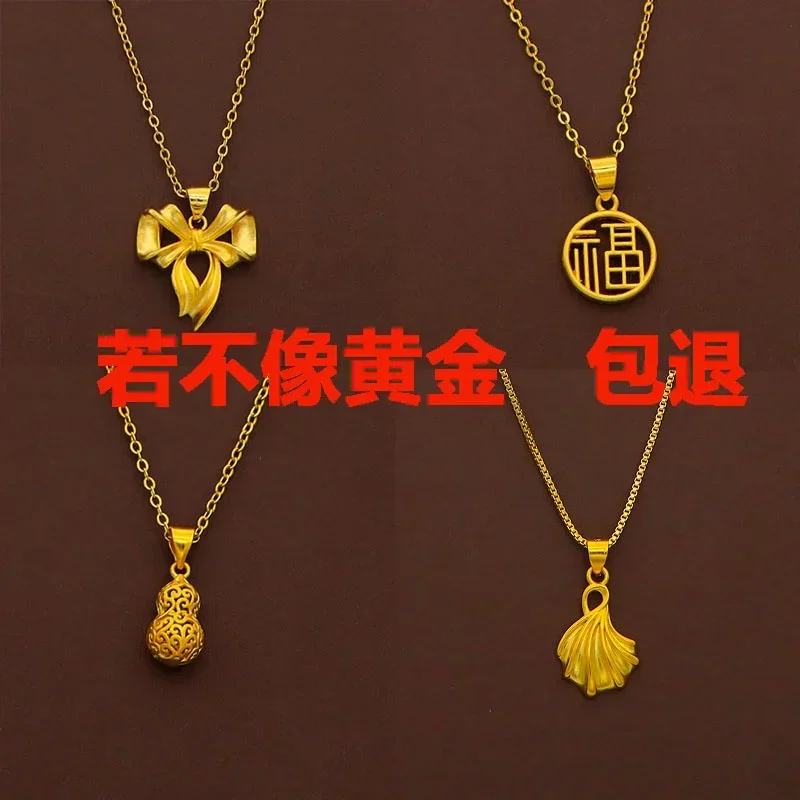 

100% Plated Real 999 Gold 18k Necklace Women's Bow Pendant 999 Collarbone Chain Small Crowd Neckchain Color Fu Character Jewelry
