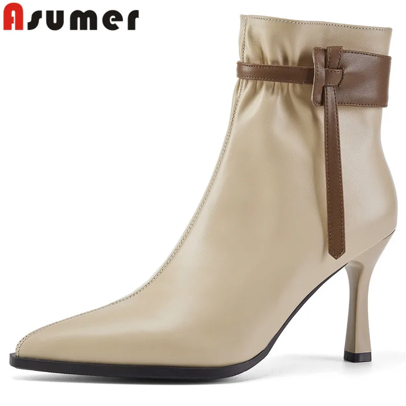 

ASUMER 2024 New Genuine Leather Pleated Ankle Boots Mixed Colors Zipper Thin High Heels Shoes Pointed Toe Ladies Autumn Boots