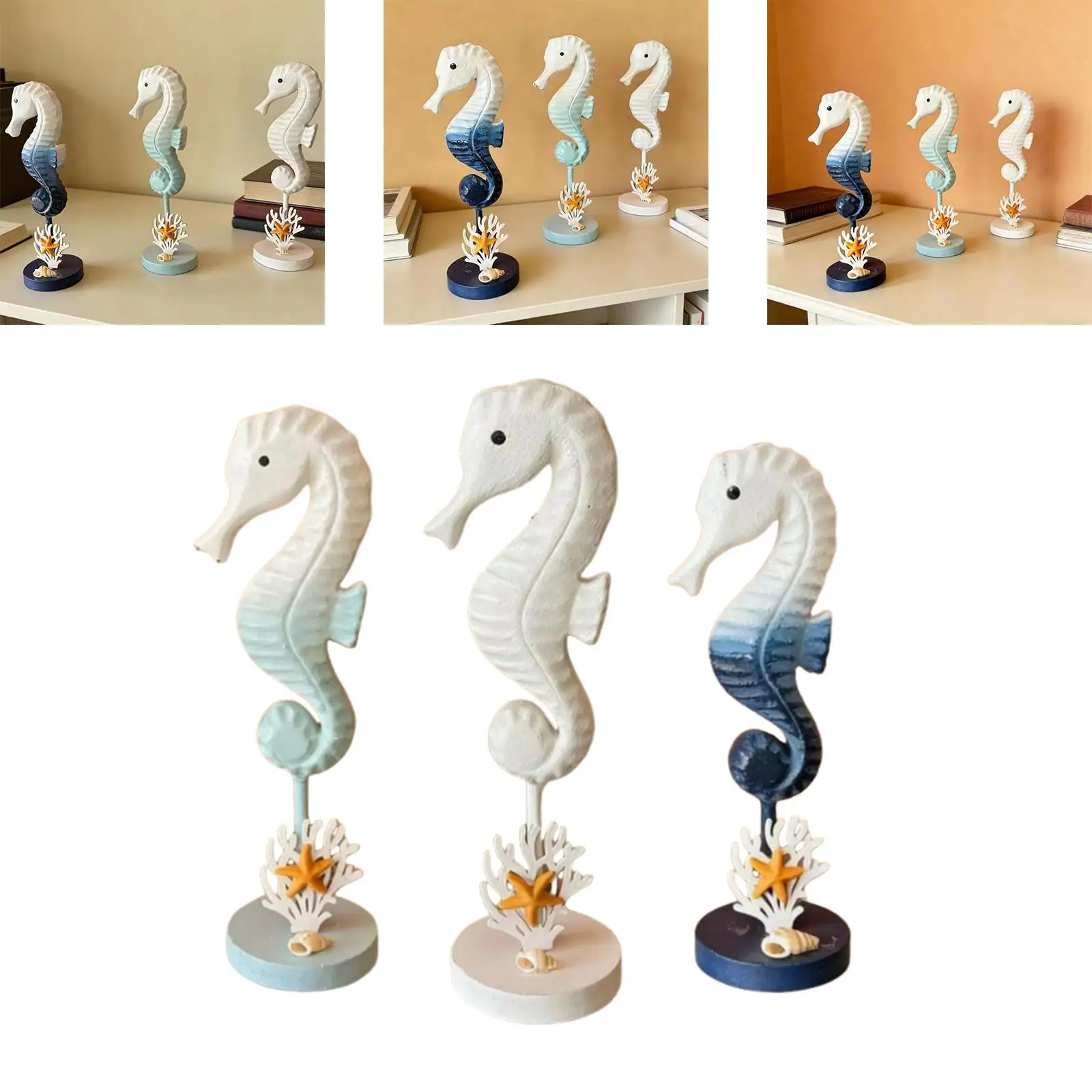 Beach Themed Seahorse Pendant Luxury Decorative Figurines Wooden Nautical Sculpture Sea Room Decor for Home Office