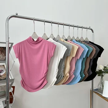 디자인 감각 가역 패션 하프 하이 칼라 슬림 핏 슬리밍 주름 불규칙한 짧은 스트레치 티셔츠 탑 여성 여름