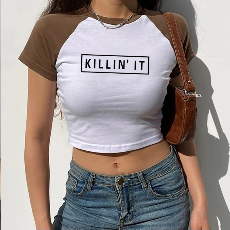 

Killin'it женский укороченный топ с милым рисунком и надписью, ретро эстетика с коротким рукавом, Сексуальная футболка, Y2k E Одежда для девочек