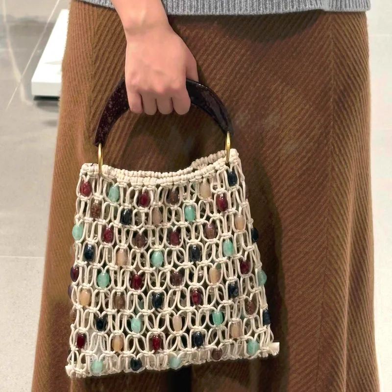 Borsa Vintage Artigianale con Perline, Borsa a Secchiello di Lusso Traforata di Design, Nuova Borsa Estiva da Spiaggia per Donne - immagine 2