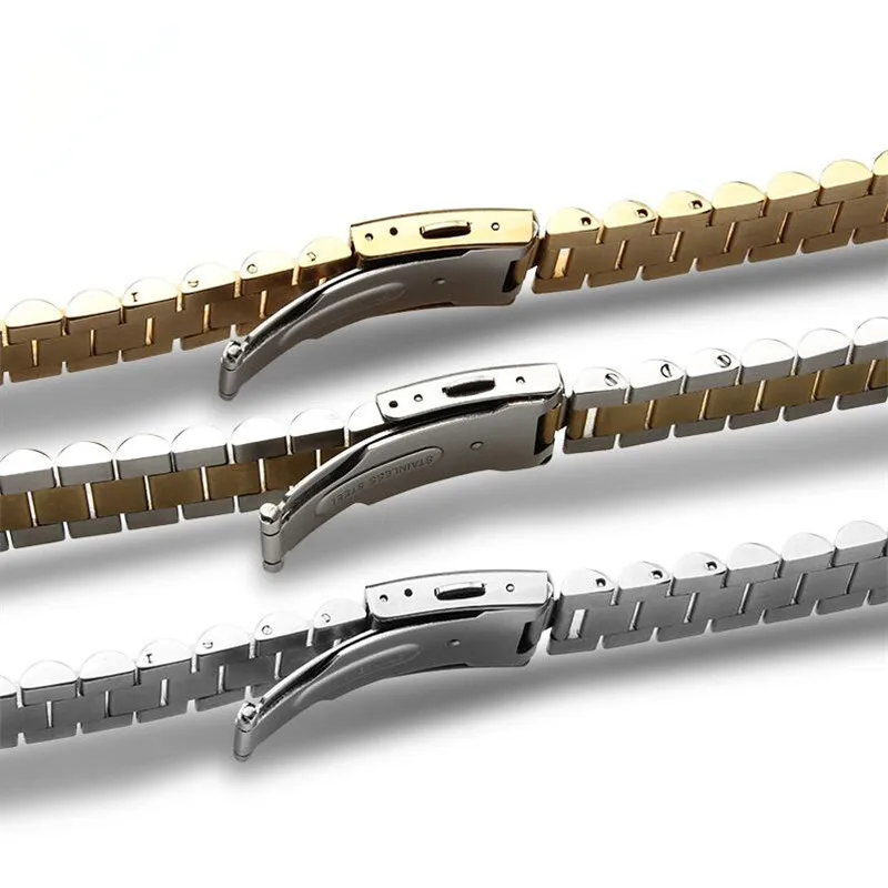 Elegant Silver & Gold Two-Tone Curved End Stainless Steel Watchband with Solid Links