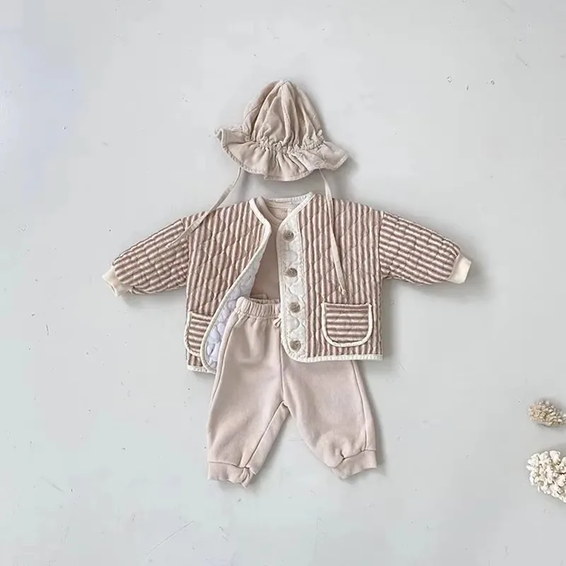 Korean Baby Kids Vintage Rhombus Double Layer Jacket Autumn Winter Boys Girls Cotton Padded Parka Children Warm Quilted Coat