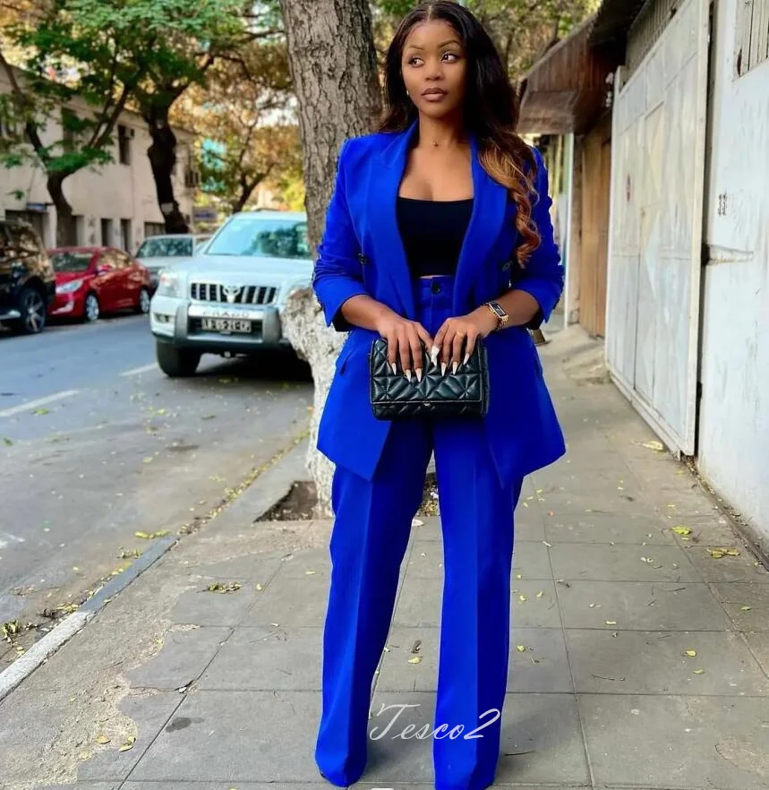 Tesco Royal Blue Women's Pants Sets Double Breasted Blazer Wide Leg Pants Casual Women Suit 2 Piece conjuntos de calça