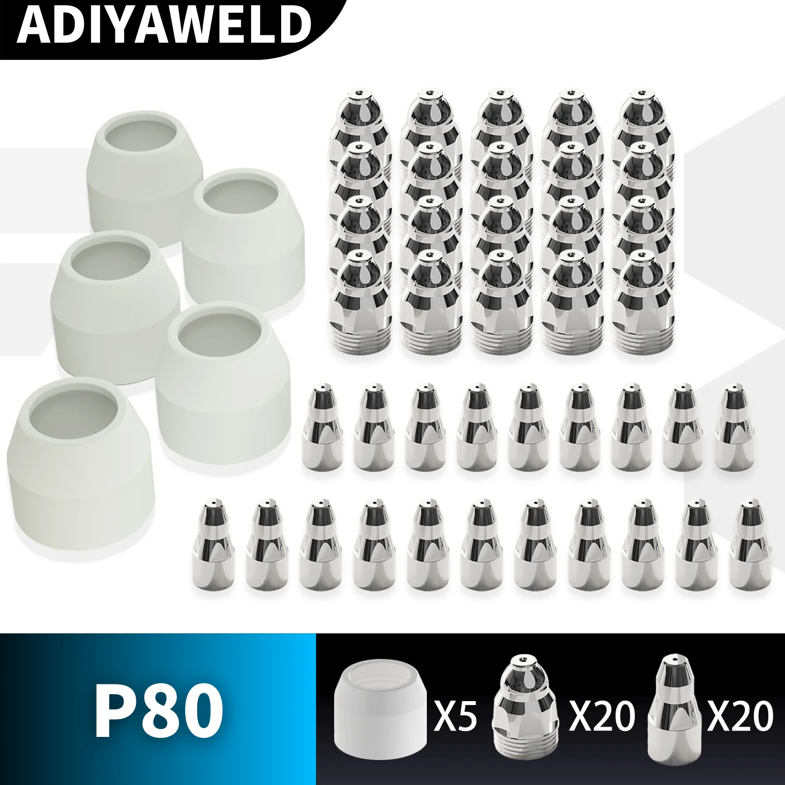 ADIYAWELD 25/45PCS P80 Plasma Cutting Consumables Kits Shield Cups Tips Nozzles Electrodes CNC Plasma Cutter Torch Consumables pt31 lg40 plasma cutting consumable for cut40 50 with plasma cutter torch electrodes advanced shield cups nozzles welding