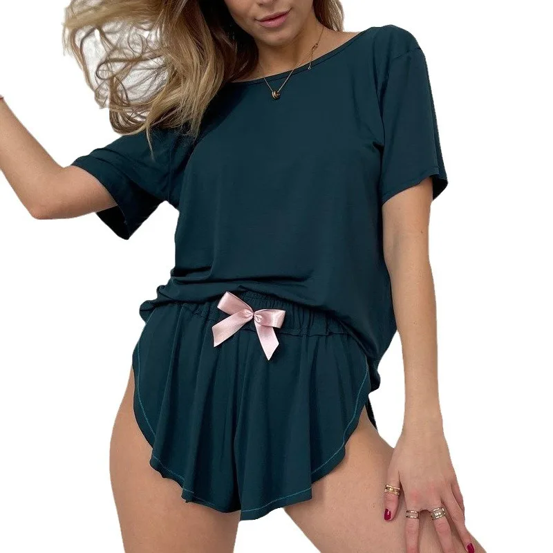 Summer Fashion Round Neck Backless Solid Color Pajamas Short-sleeved Shorts Set Outside The Home Wear Women's Two Pieces Set