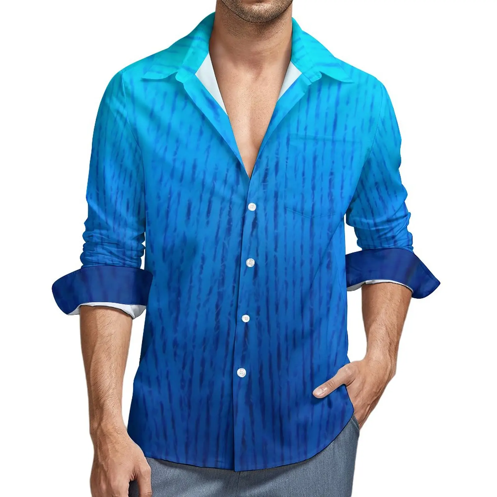 

Рубашка мужская с градиентным принтом Омбре, Повседневная Блузка синего цвета в стиле ретро, одежда оверсайз с длинным рукавом и графическим принтом, Y2K, осень