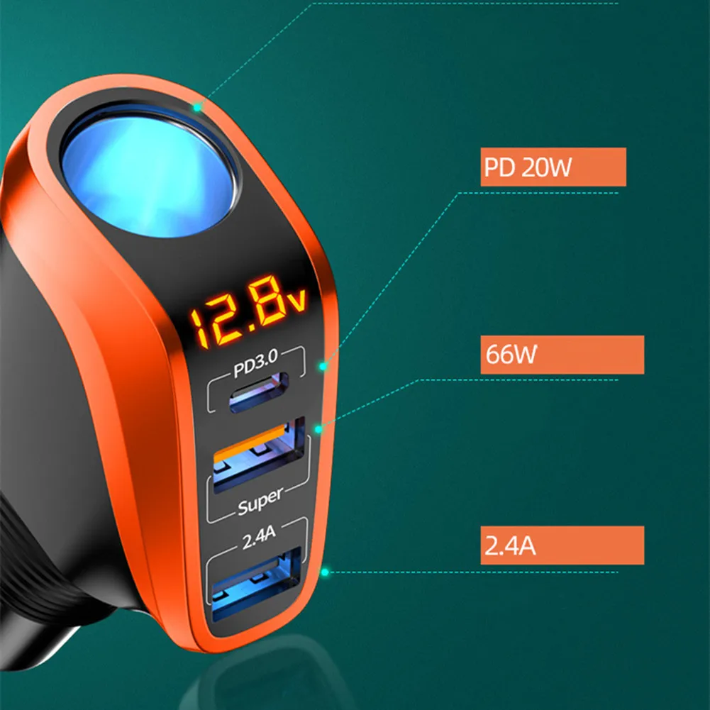 

USB Charger Car Charger USB Charger 2.4A Smart Charging 66W+PD20W+2.4A Car Charger DC 12-24V Maximum 188W PD20W