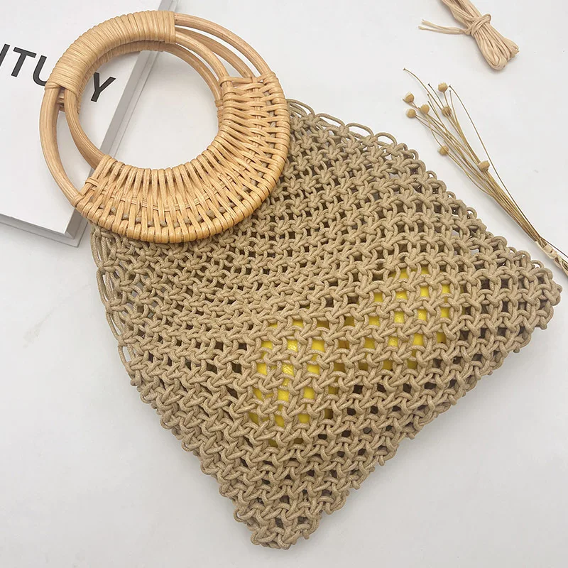 

Rope Crochet Fishing Net Handbags Round Wicker Handle Beach Bag Handmade Knitting Woven Bags for Women Hollow Mesh Straw Bag New