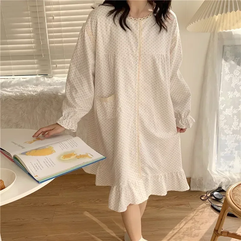 

Cute Homewear Ruffles cotton Nightgown Polka Lacework Single Cardigan Long Dot Pure ins Sleeve Breasted Dress Sanding Women