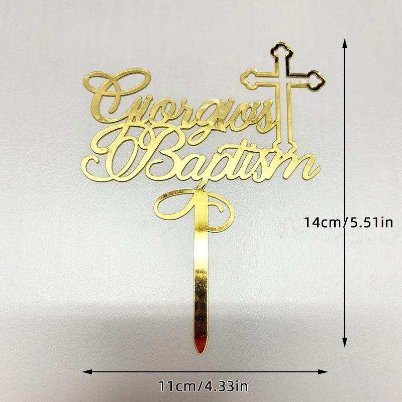 Set De 4 Adornos De Cruz Para Tartas | Acrílico Dorado Con Paloma Y Hojas | Para Primera Comunión, Bautizo Y Bodas
