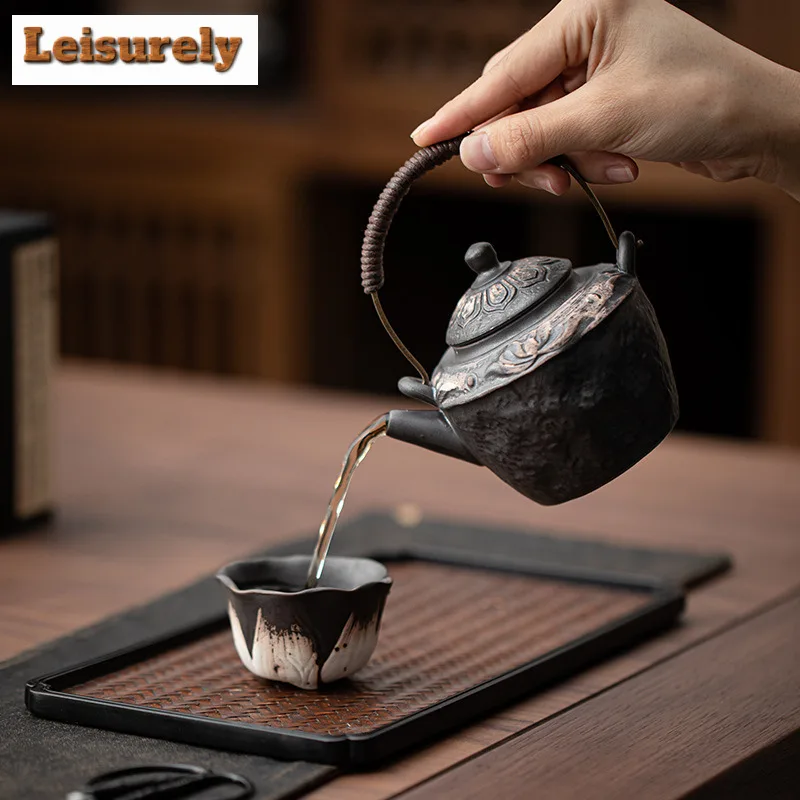200ML Wabi Sabi Style Ancient Lotus Lifting Handle Teapot Retro Tea Infuser Pot Tea Brewing Kettle With Strainer Tea Services
