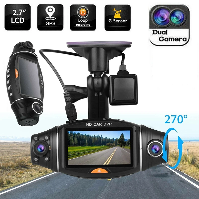 Car Dvr Camera Hd 2.7" Dual Lens Gps Dashcam Rear View Night Security