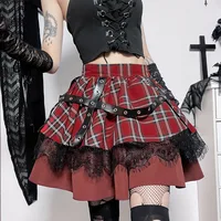 plus Size Gothic Harajuku Plaid Pleated Skirt Y2K Lolita Sweet Lace Mini Punk Kawaii Cosplay Costume Girls Clothing - Image 3