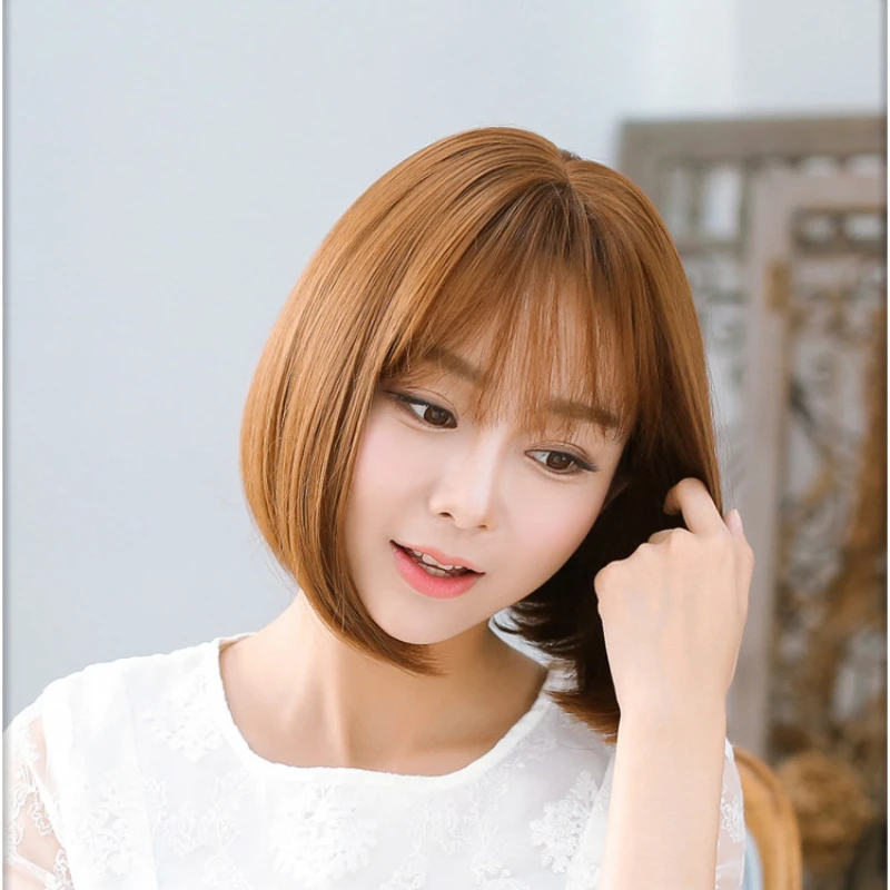 Fashion Natural Synthetic Heat Resistant Hairpieces with Bangs for Woman Glueless Short Straight Brown Hair for Daily Use