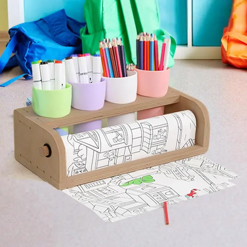 Wooden Holder Tabletop Paper Roll Dispenser 4 Hole Kids DIY Painting Drawing Tool Parchment Dispenser for DIY Art Painting