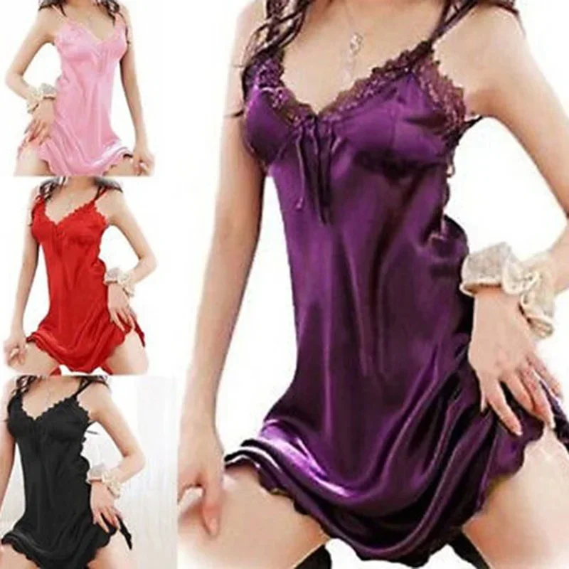 Lady Off Shoulder Nightwear Long Skirt Summer Women Sexy Sleepwear Nightgown Satin Silk Babydoll Lace Robes Sleep Dress Skirt