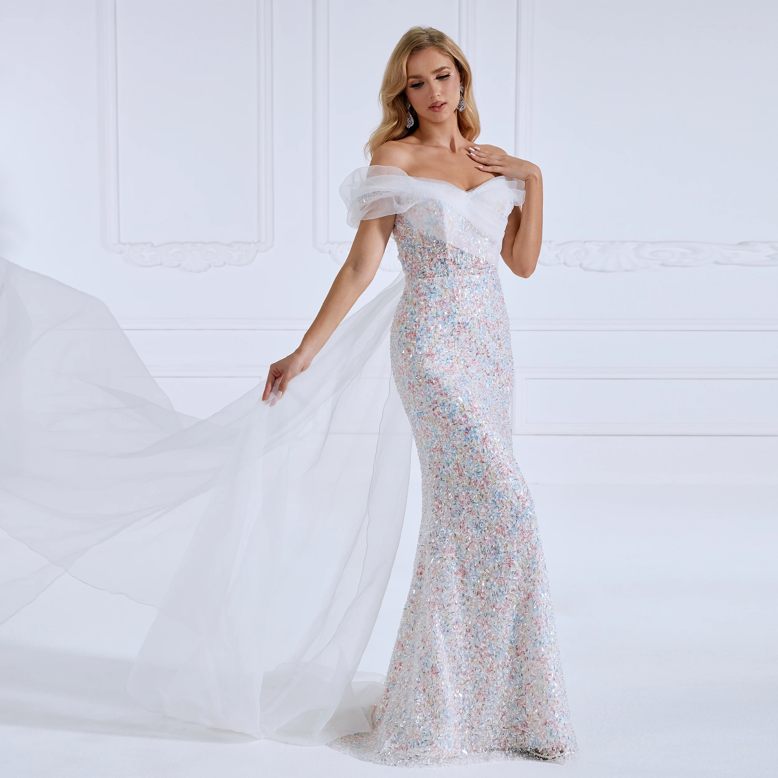 

Mermaid V-Neck Cape Train Sequin Prom Dresses with Beading Sequins Graduation Gown YEWEN #18686