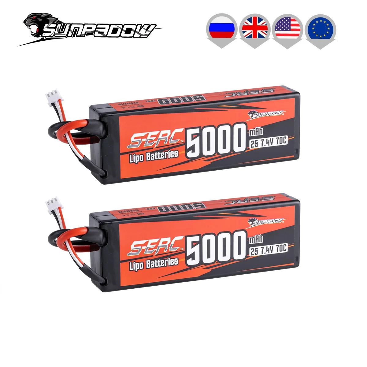 Sunpadow 2S Lipo Battery for 5000mAh 7.4V 70C 130C Hard Case