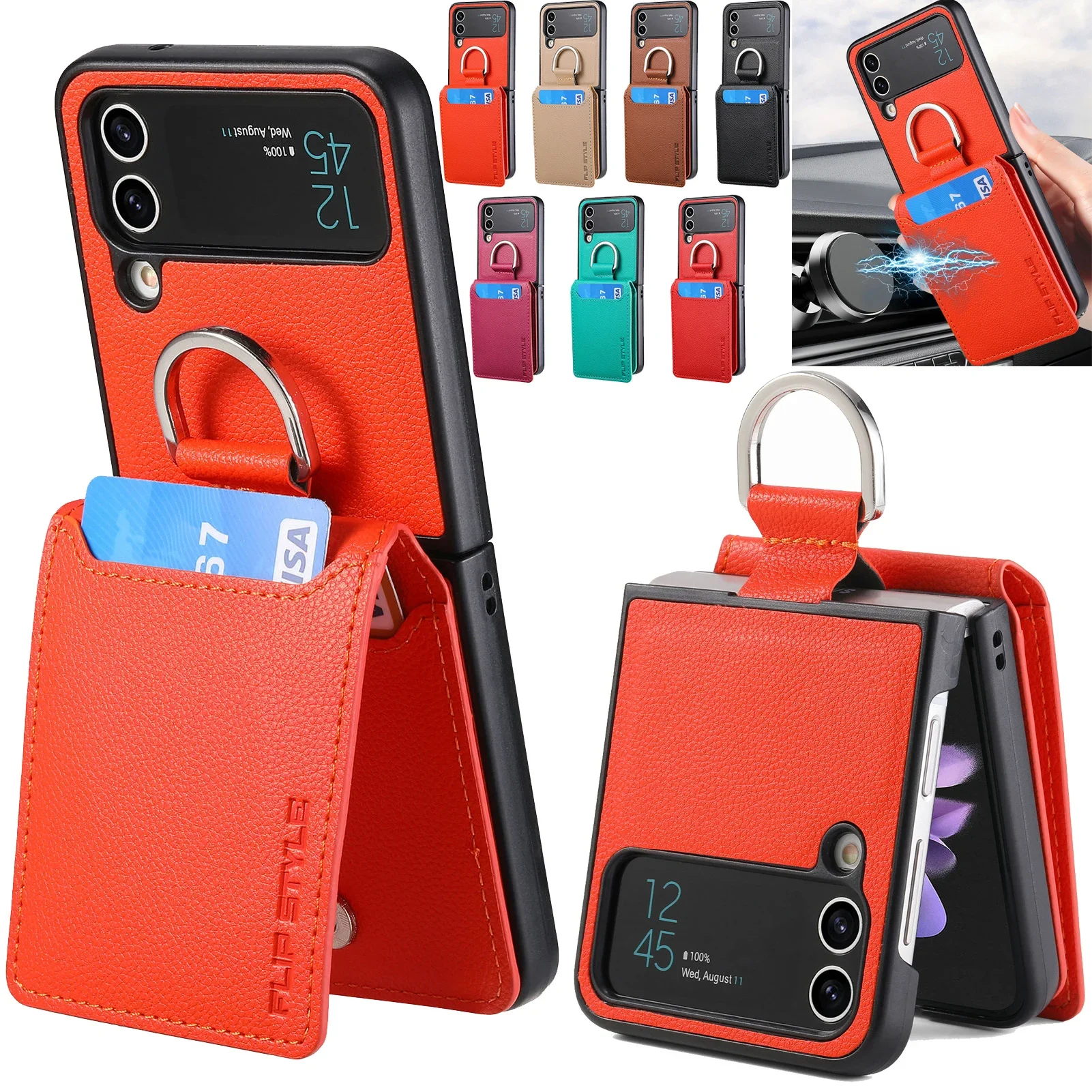 Magnetic Leather Wallet Case with Ring Holder and Kickstand