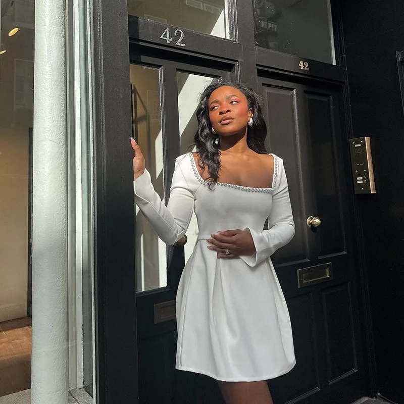 Pearl Square Collar Long Sleeve Mini Dress For Women Robe Backless A-line Dress Ladies Autumn Fall Elegant Dresses