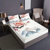 Chinese Style Fitted Sheet Set Ink Painting Plum Mountains Print Mattress Covers Soft Breathable Bedding Set With Deep Pocket 6