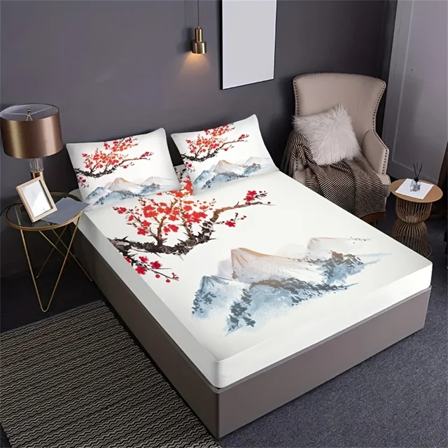 Set di lenzuola con angoli in stile cinese pittura a inchiostro Plum Mountains stampa coprimaterasso Set di biancheria da letto morbida e traspirante con tasca profonda 6