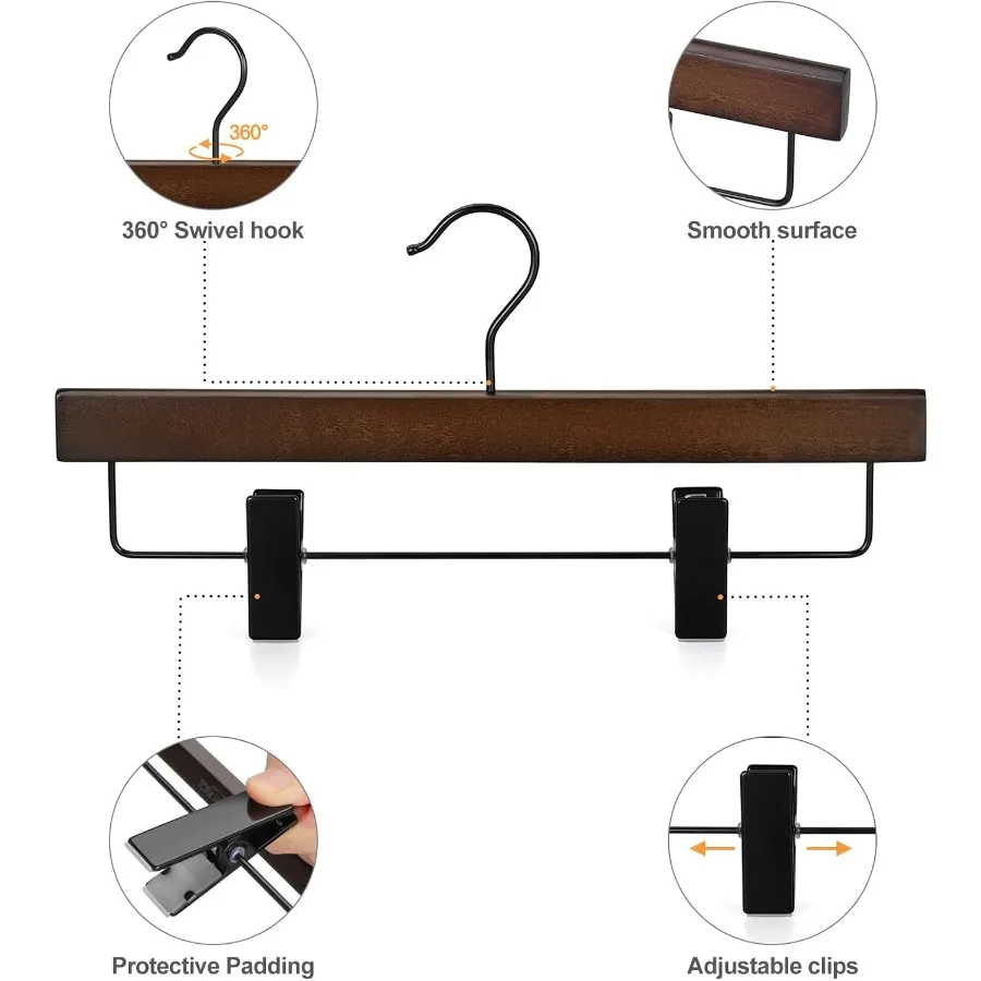 Wooden Pants Hangers with 2 Adjustable Metal Clips for Skirts and Trouser Storage Premium Retro Finish with 360 Swivel Black Ho