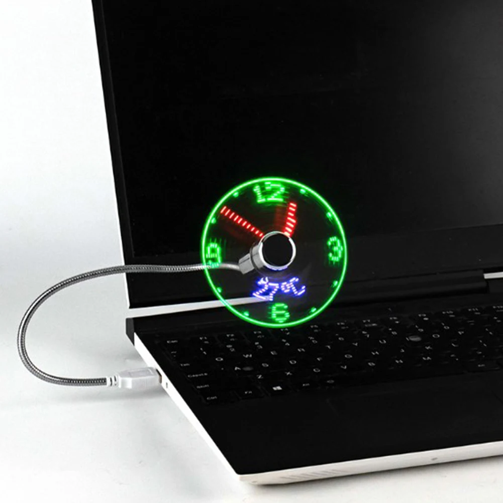 10-1PCS Metal Mini Fan Real Time Display Clock Fan DC 5V Small Night Light USB Powered Mini Cooling Flashing for PC Notebook
