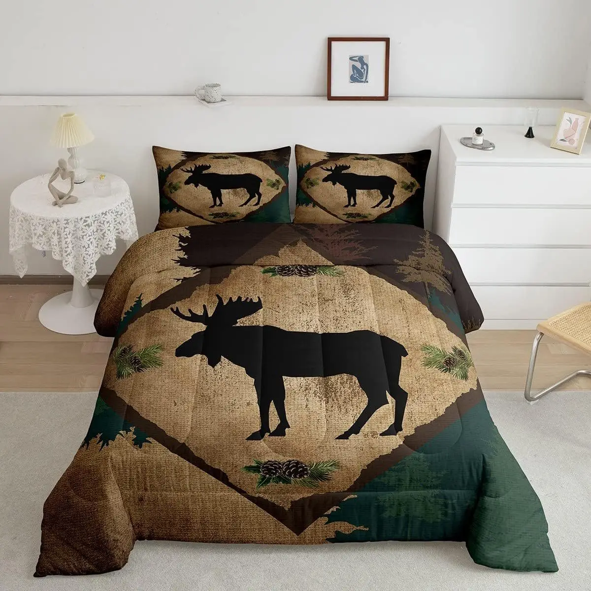 3Pcs Lodge Cabin Comforter Set King Size, Wild Deer Antlers Pine Trees Retro Grid Bedding with Pillowcases