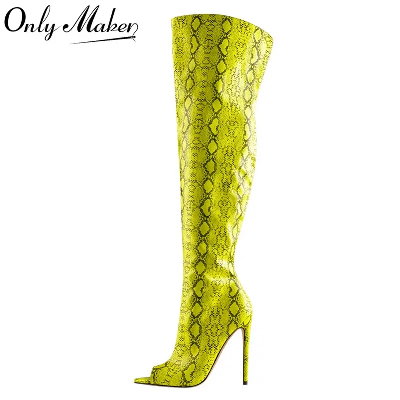 

Onlymaker Women's Peep Toe Over The Knee Boots Snakeskin Print Pattern Stiletto Heel Boots Zipper Yellow Big Size Open Toe Boots