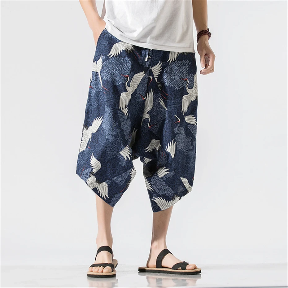 

Summer Calf-length Pants Men Hip Hop Streetwear Chinese Style Crane Print Pants Male loose pants