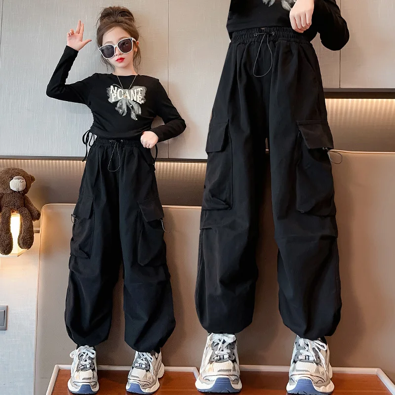 Kids Fashion Cargo Pants Girls Hip Hop Joggers Trousers Children Straight Baggy Sweatpants Spring Autumn Vintage Casual Pants