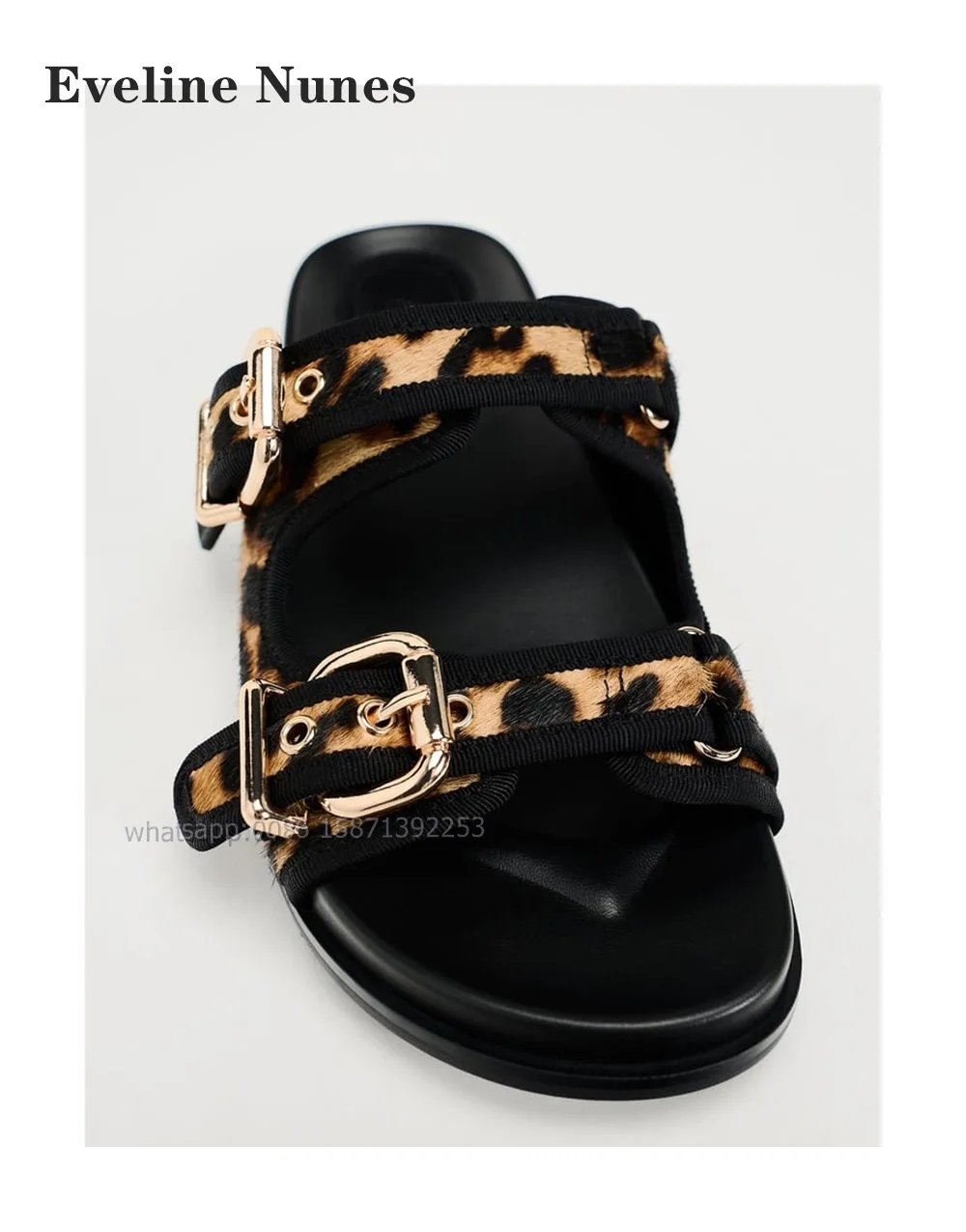 Leopard Mental Buckle Women Slides Open Toe Flat with Side Air Belt Buckle Modern Slippers Slip On Hollow Sandals Sand Summer