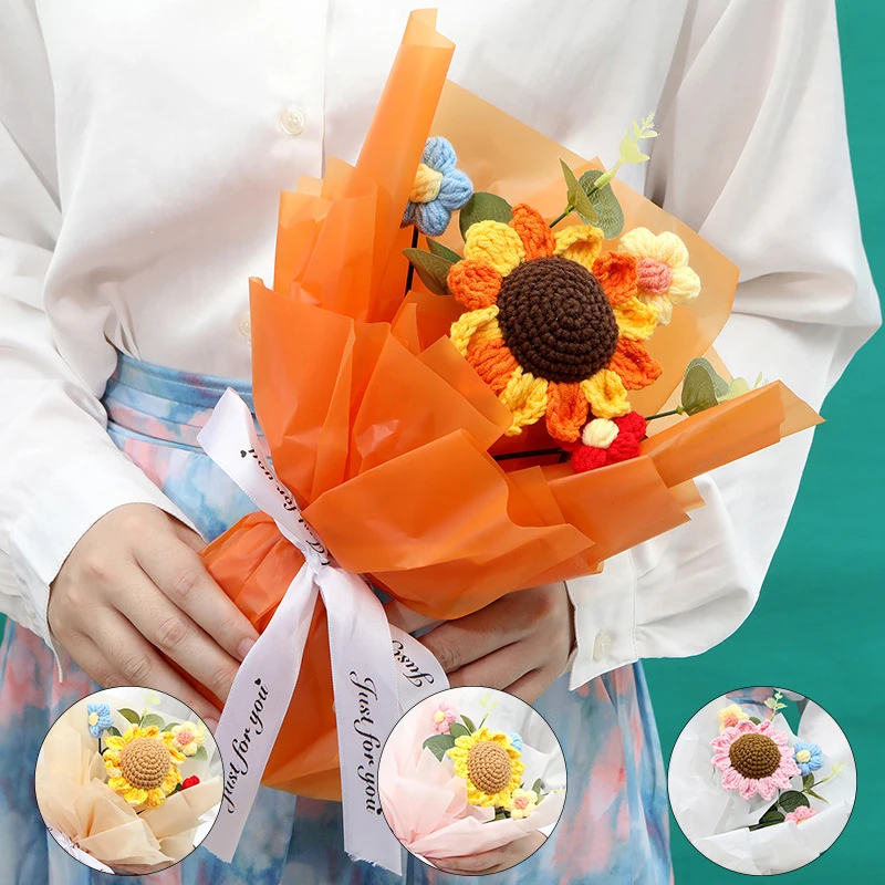 

1pc Sunflower Bouquet Valentine's Day Gift Wedding Party Teacher's Day Home Decoration Small Gift Knitted Simulation Bouquet