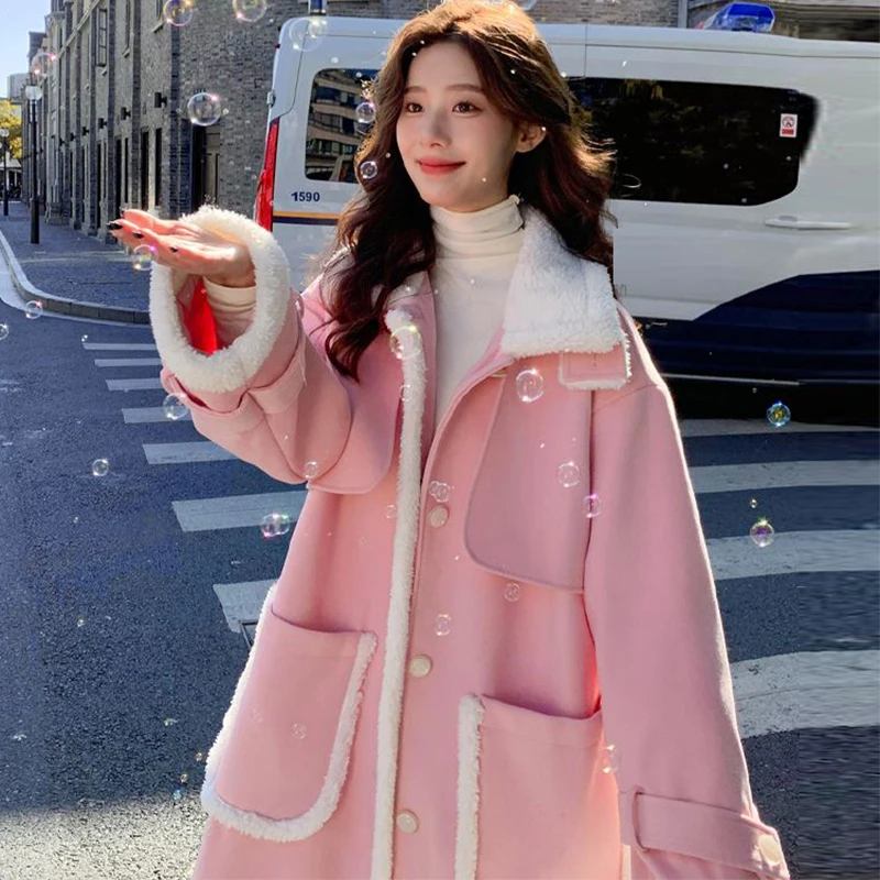 

Pink Gentle Style Lamb Female Coat 2023 Autumn Winter Thicken Warm Turn-down Collar Coat Patchwork Fashion Women's Casual Coat