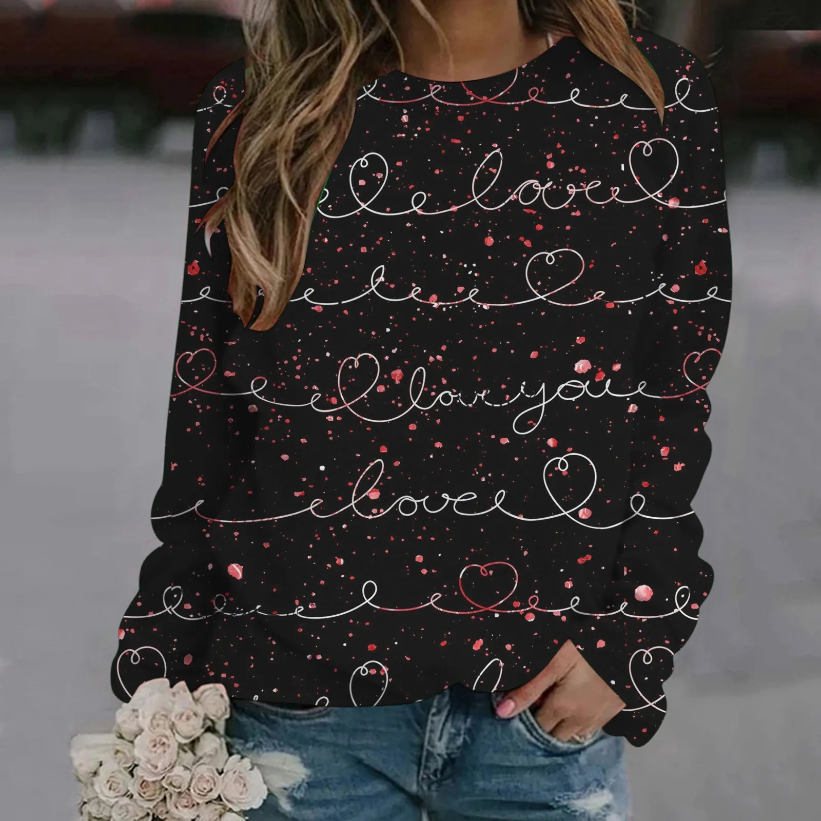 

Women Leisure Long Sleeve Round Collar Slow Running Valentine Day Print Jacket Sweatshirt Loose fit Outerwear Running