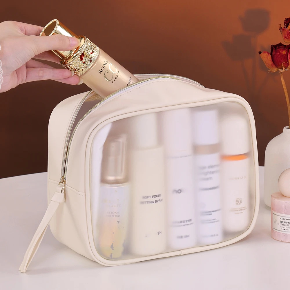 1pc Multifunctional Semi Transparent Makeup Bag, Cosmetics Storage Bag, Business Travel Toiletry Bag, Large Capacity Makeup Bags