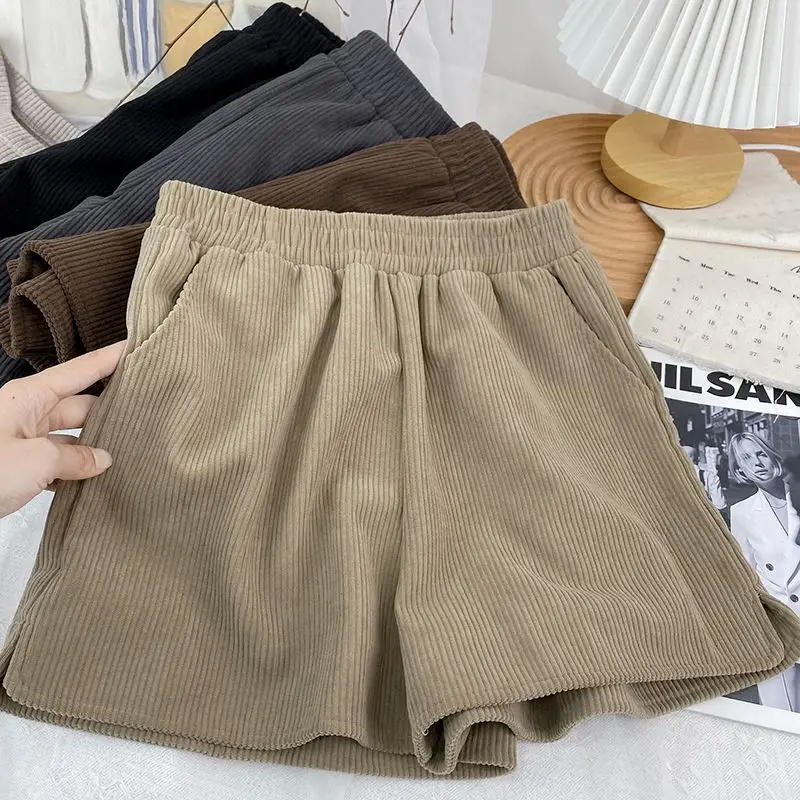 DAYIFUN-Oversized Corduroy Shorts for Women High Waisted Wide Leg Pants Casual Short Pants Lady Monochromatic Autumn Winter 2024