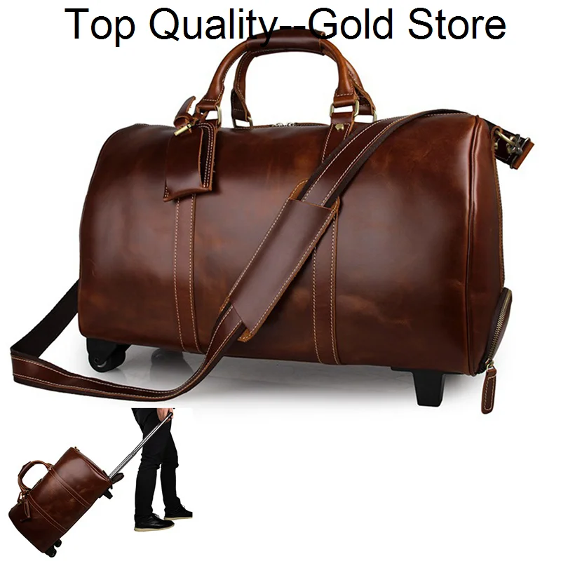 

Men's crazy horse leather trolley case 20" Brown genuine travel bag with wheels Cowhide luggage Big weekend