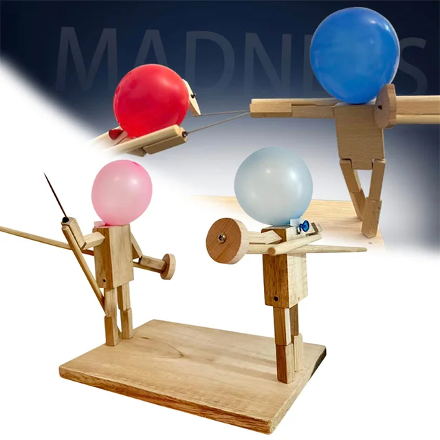 Balloon Bamboo Man Battle - 2 Players Handmade Wooden Fencing Puppets,  Wooden Bots Battle Game, Fast-Paced Balloon Fight Fun, Whack a Balloon  Party