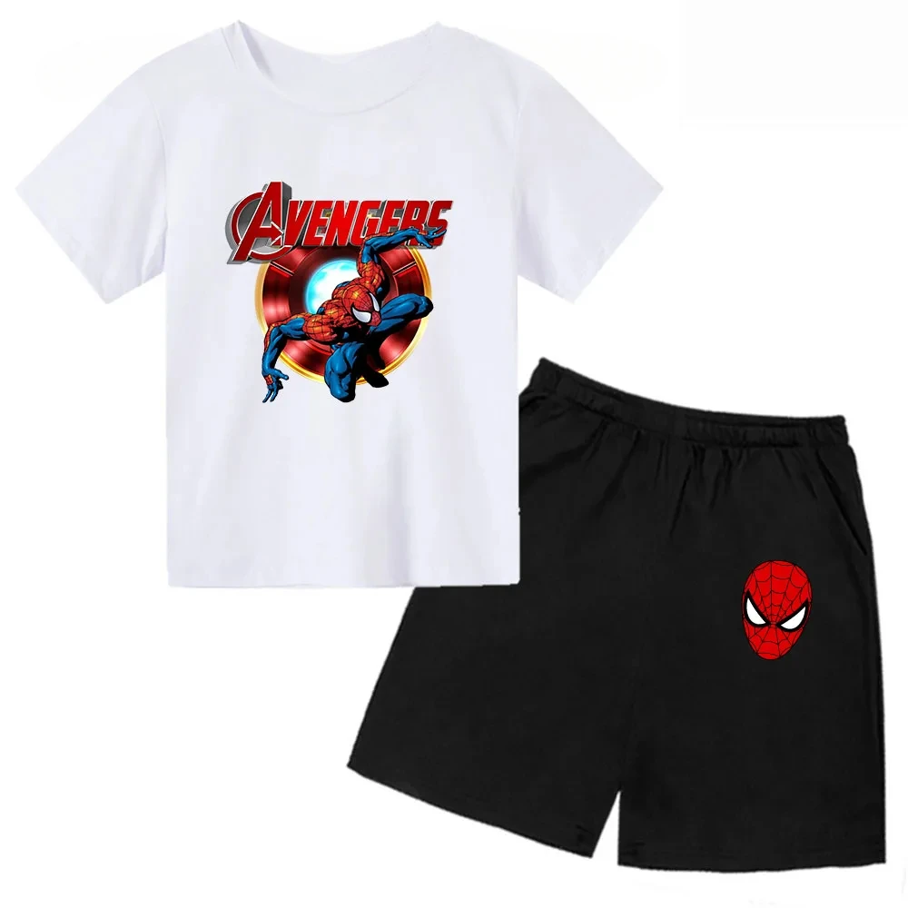 thumbnail image 1 of Conjunto de camiseta y pantalones cortos para niño y niña, de Marvel Avengers, Spider Man, Iron Man, divertido conjunto de 2 piezas de manga corta de verano para bebé y niño, 1 of 5