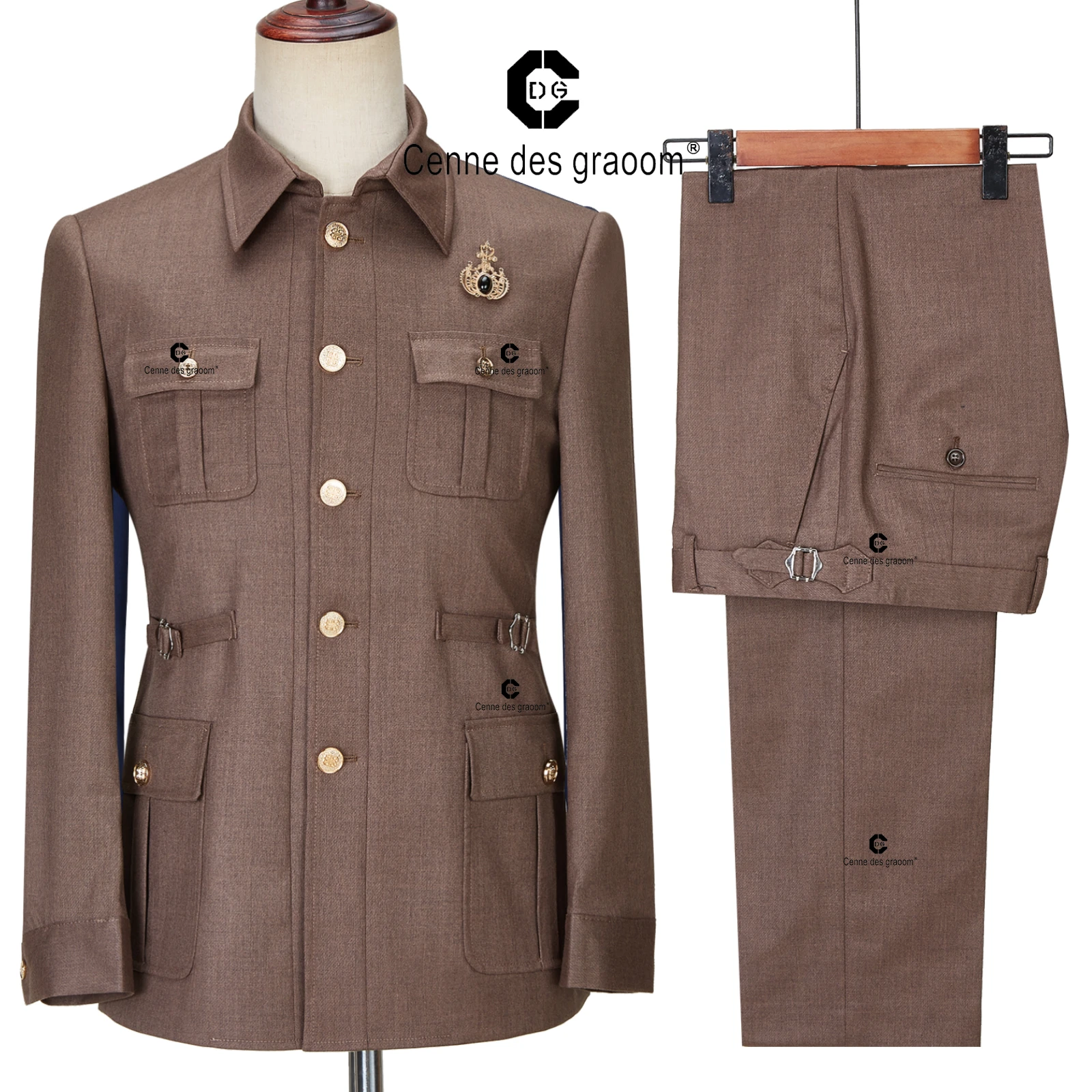 Cenne Des Graoom Safari Suits For Men Gold Button Square Collar Tailor Made Formal Casual