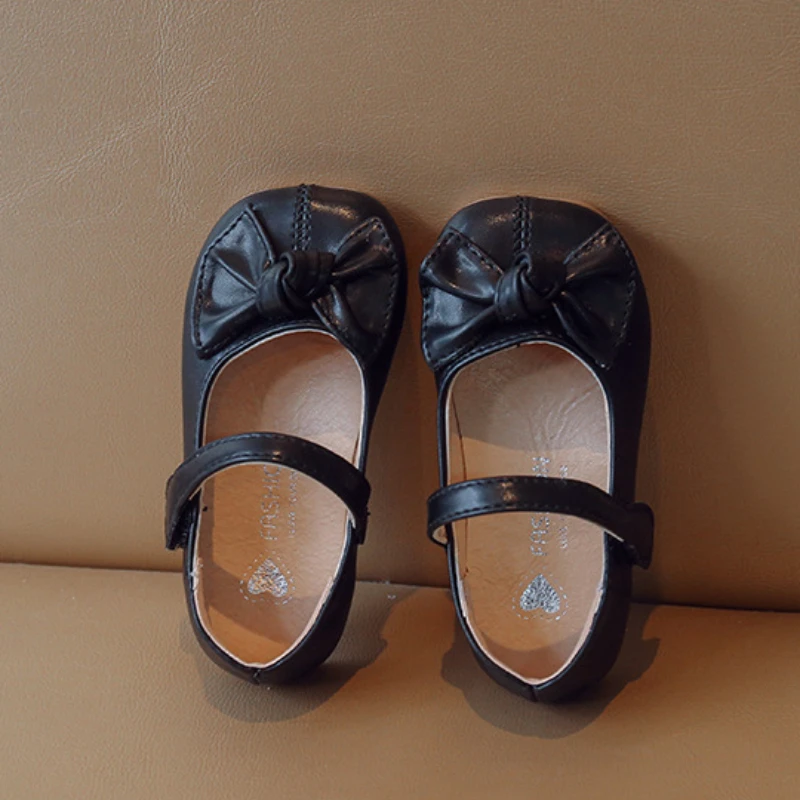 Girls' Flat Shoes Korean Style Kids Causal Princess Leather Shoes Fashion Versatile Children's Walking Solid Color Bowtie