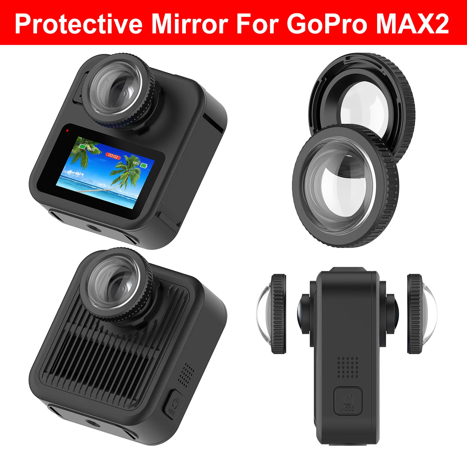 Vue rapprochée d'un protège objectif GoPro MAX 2 en verre trempé avec reflets lumineux.