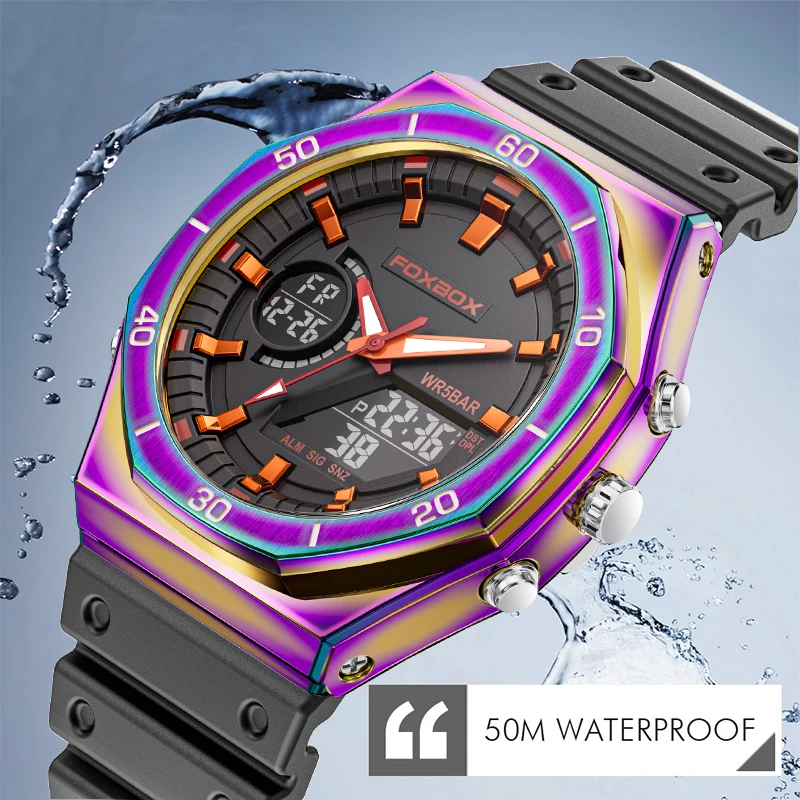 FOXBOX Brand Luxury Men Watch Waterproof Double Display Sports Wristwatch Chronograph Luminous Alarm Clock Man Military Watches
