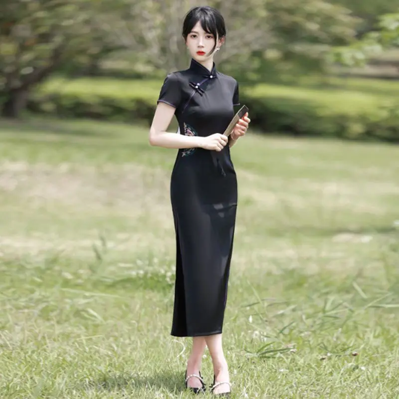 Women Black Cheongsam Short Sleeve Female Chinese Traditiional Long Dress Vintage Qipao S To XXL