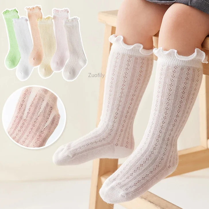 

Baby Girls Socks Summer Kids Long Sock Toddlers Knee High Mesh Thin Socks Hollow Out Soft Cotton Infant Ruffle Socken for 0-5Y