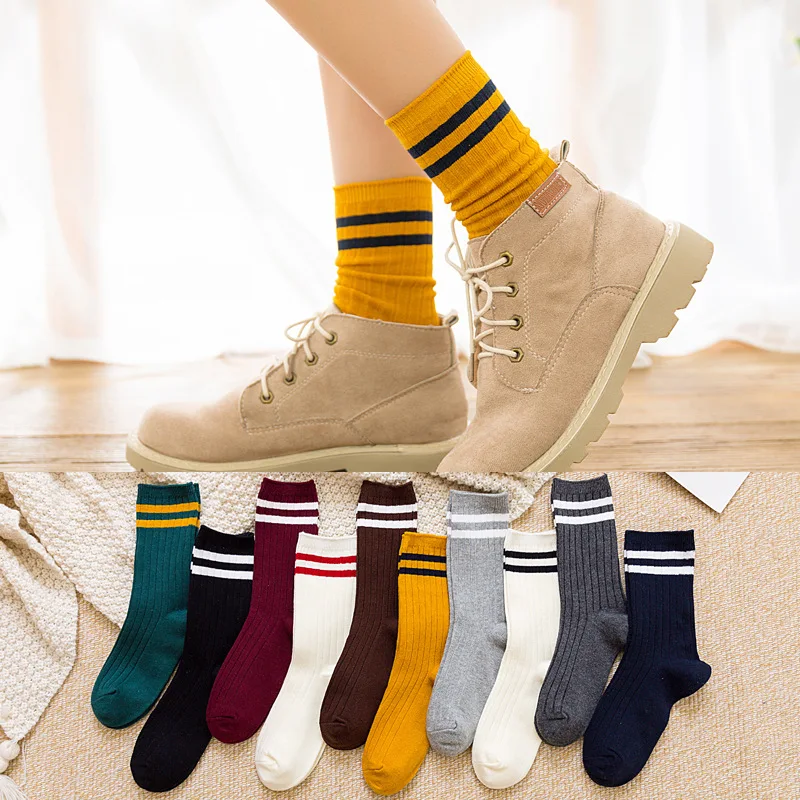 

3Pairs Women Socks Japanese Style Loose Socks High School Girls Harajuku Sock Solid Colors Needles Knitting Striped Cotton Socks